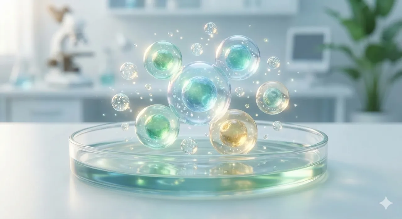 Petri dish with translucent cellular spheres representing regenerative medicine at Holistique Medical Center, Bellevue