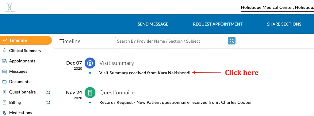 Screenshot of an opened patient visit summary in the ChARM portal