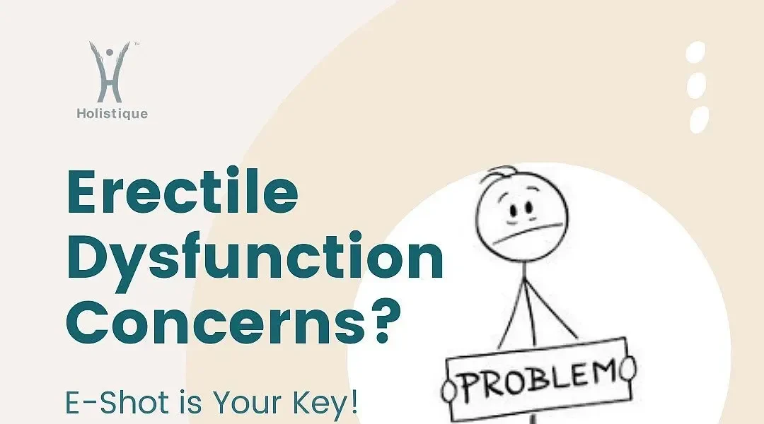 A Holistique graphic reading Erectile Dysfunction Concerns, E-Shot is Your Key, beside a cartoon figure holding a sign.