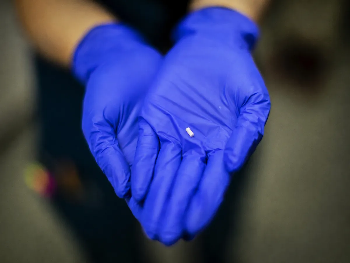 A gloved hand holding a single EvexiPEL bioidentical hormone pellet, about the size of a grain of rice, at Holistique Medical Center in Bellevue
