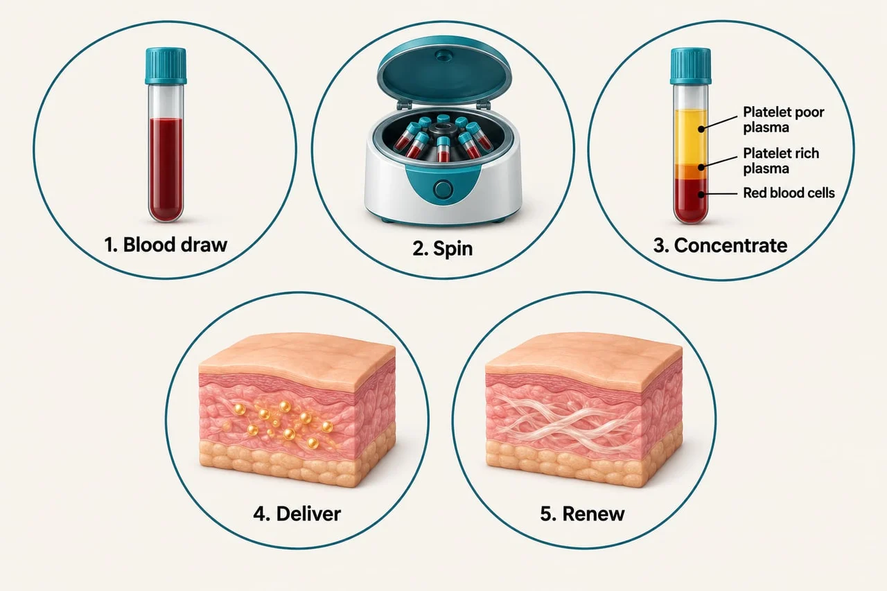 Five stages of PRP preparation: a blood draw, the sample spun in a centrifuge, the platelet-rich layer separated from platelet-poor plasma and red blood cells, the PRP delivered into the skin, and the tissue renewing.