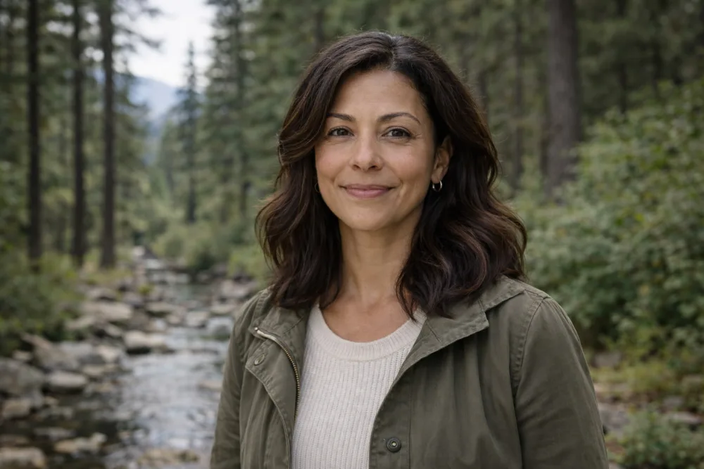 Woman outdoors in a forest setting, reflecting renewed vitality and wellness.