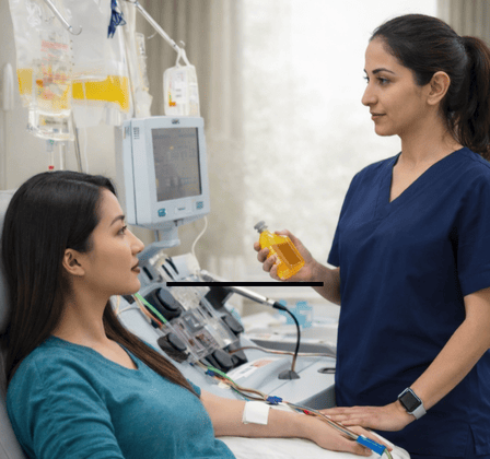 Patient receiving Therapeutic Plasma Exchange treatment with clinician at Holistique Bellevue